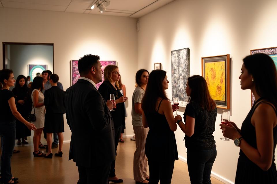 Art gallery opening night with guests viewing contemporary Filipino art